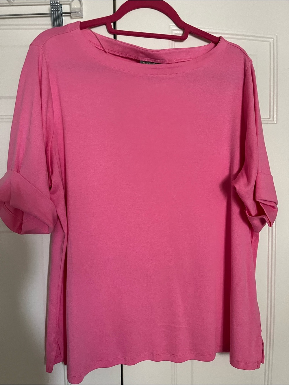 Style & Co. Pink Cotton Roll-Cuff Boatneck Short Sleeve Top